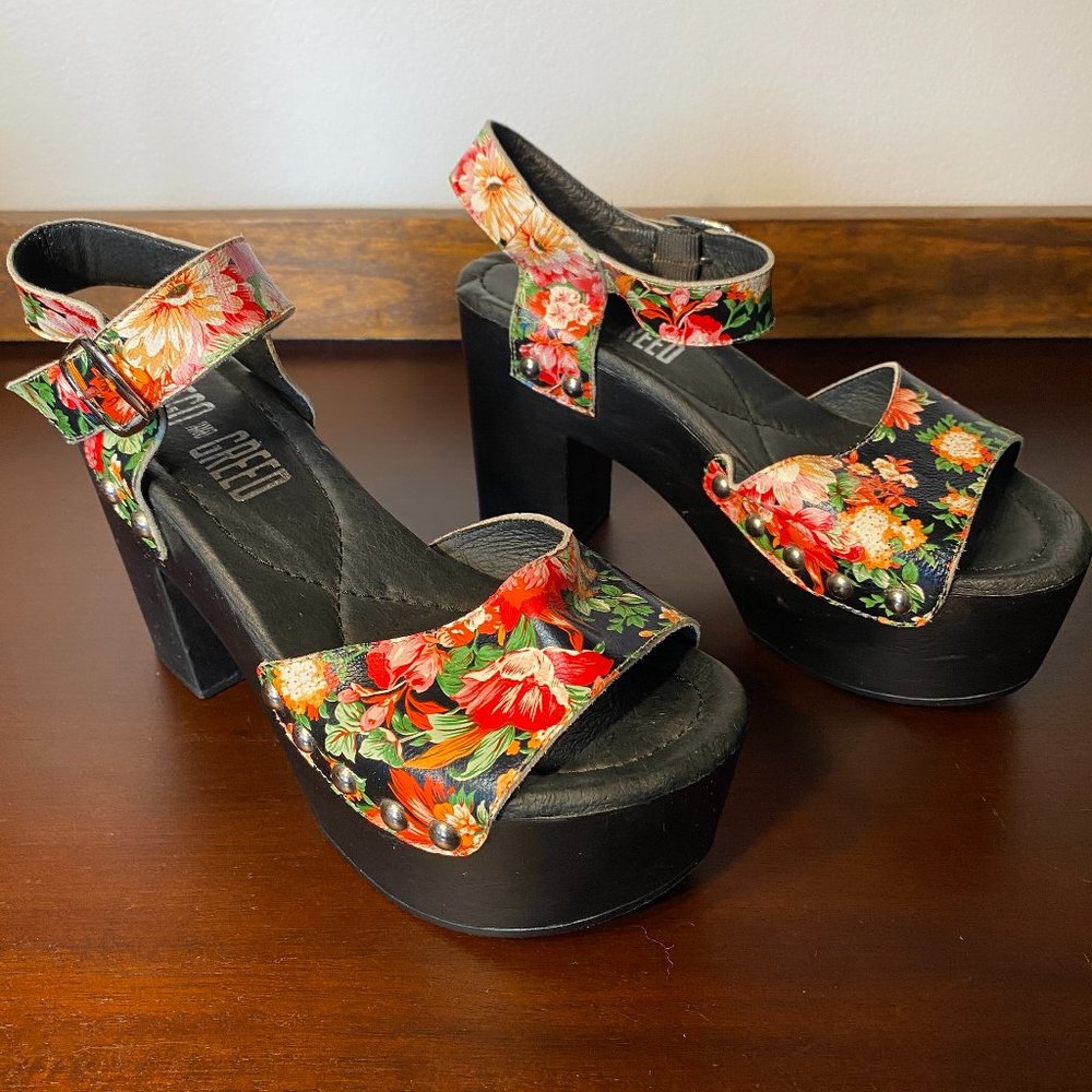 Ego and Greed Carleen Black Floral Leather Strap Platform Heel Sandal W Size 6